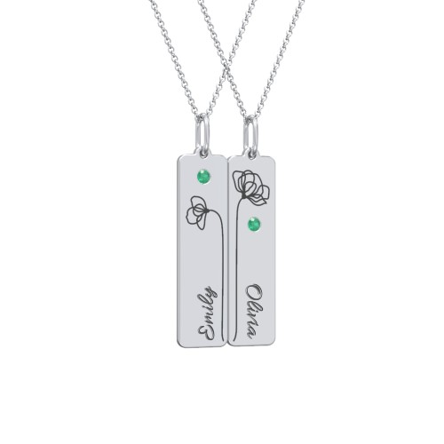 Engravable Floral Bar Necklace Set with Birthstones – Sterling Silver with Emerald