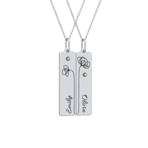 Engravable Floral Bar Necklace Set with Birthstones – Sterling Silver with Smokey Quartz