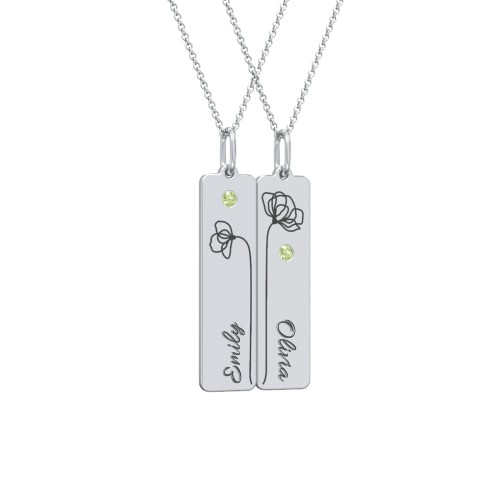 Engravable Floral Bar Necklace Set with Birthstones – Sterling Silver with Peridot