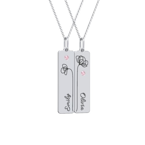 Engravable Floral Bar Necklace Set with Birthstones – Sterling Silver with Pink Tourmaline