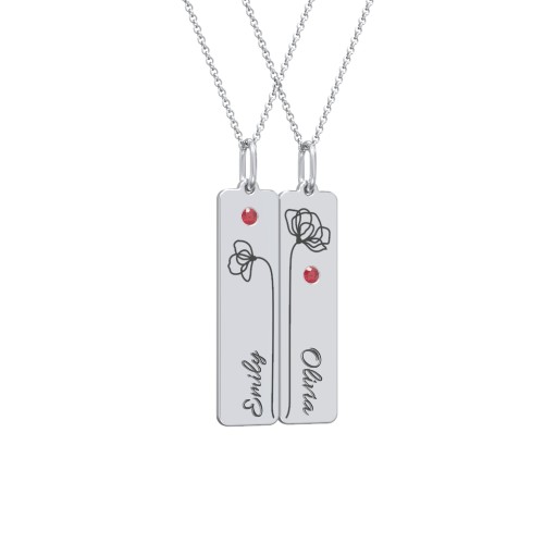 Engravable Floral Bar Necklace Set with Birthstones – Sterling Silver with Garnet