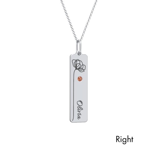 Engravable Floral Bar Necklace Set with Birthstones – Sterling Silver with Garnet