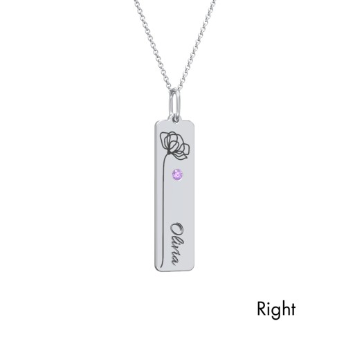 Engravable Floral Bar Necklace Set with Birthstones – Sterling Silver with Amethyst