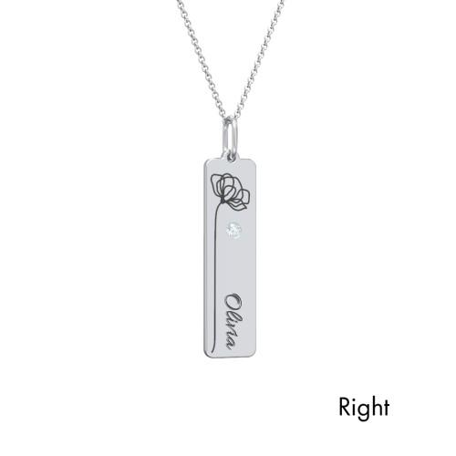 Engravable Floral Bar Necklace Set with Birthstones – Sterling Silver with Aquamarine