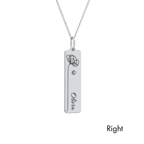 Engravable Floral Bar Necklace Set with Birthstones – Sterling Silver with Smokey Quartz