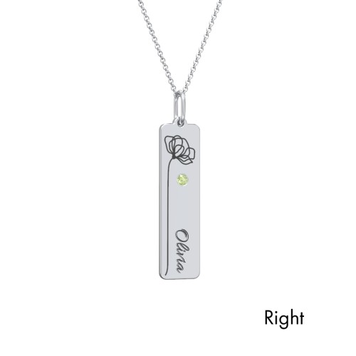 Engravable Floral Bar Necklace Set with Birthstones – Sterling Silver with Peridot