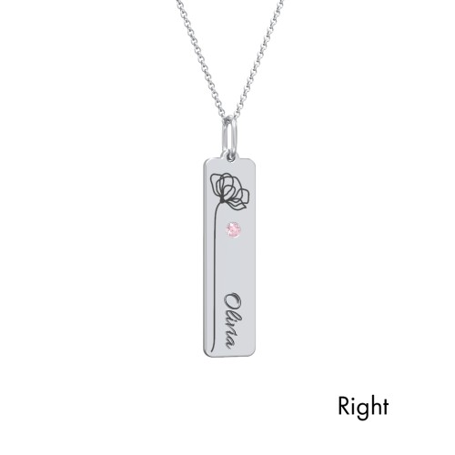 Engravable Floral Bar Necklace Set with Birthstones – Sterling Silver with Pink Tourmaline