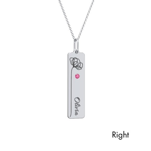 Engravable Floral Bar Necklace Set with Birthstones – Sterling Silver with Blue Sapphire and Ruby