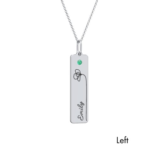 Engravable Floral Bar Necklace Set with Birthstones – Sterling Silver with Emerald
