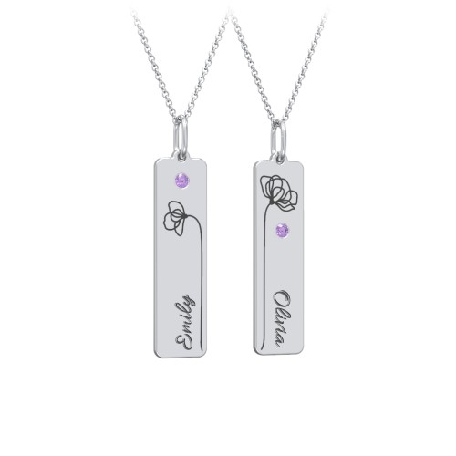 Engravable Floral Bar Necklace Set with Birthstones – Sterling Silver with Amethyst