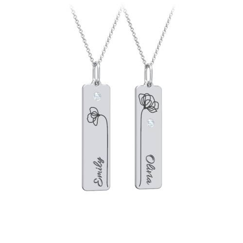 Engravable Floral Bar Necklace Set with Birthstones – Sterling Silver with Aquamarine