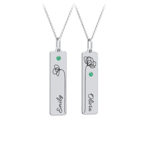 Engravable Floral Bar Necklace Set with Birthstones – Sterling Silver with Emerald