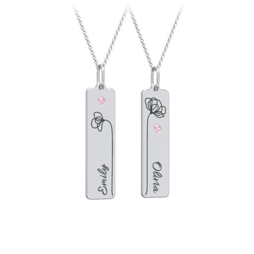 Engravable Floral Bar Necklace Set with Birthstones – Sterling Silver with Pink Tourmaline