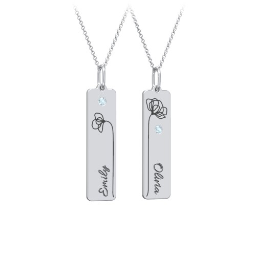 Engravable Floral Bar Necklace Set with Birthstones – Sterling Silver with Blue Topaz