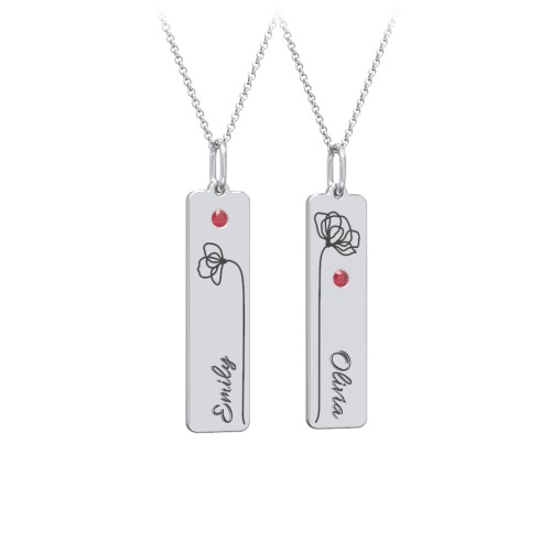 Engravable Floral Bar Necklace Set with Birthstones – Sterling Silver with Garnet