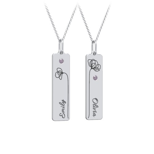 Engravable Floral Bar Necklace Set with Birthstones – Sterling Silver with Alexandrite