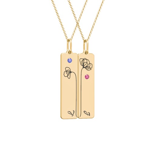 Engravable Floral Bar Necklace Set with Birthstones – 10K Yellow Gold with Blue Sapphire and Ruby