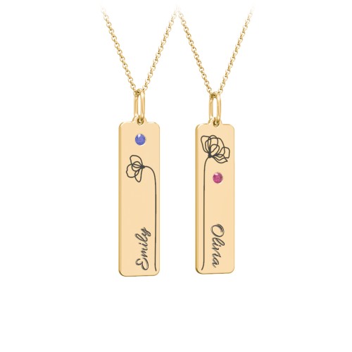 Engravable Floral Bar Necklace Set with Birthstones – 10K Yellow Gold with Blue Sapphire and Ruby