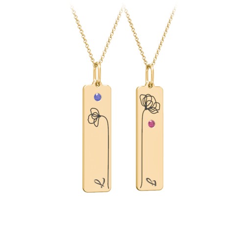 Engravable Floral Bar Necklace Set with Birthstones – 10K Yellow Gold with Blue Sapphire and Ruby