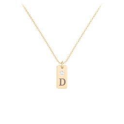 Small Initial Tag Necklace with Birthstone in 18K Gold Plated Silver with Cubic Zirconia, Aquamarine, Amethyst Premium Zirconia, and Fancy Pink Premium Zirconia