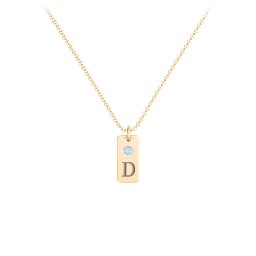 Small Initial Tag Necklace with Birthstone in 18K Gold Plated Silver with Blue Topaz, Aquamarine, Cubic Zirconia, Amethyst Premium Zirconia, and Fancy Pink Premium Zirconia