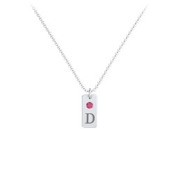 Small Initial Tag Necklace with Birthstone in 925 Sterling Silver with Ruby