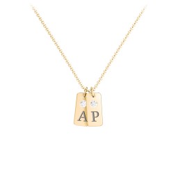 Small Initial 2 Tag Necklace with Birthstone in 18K Gold Plated Silver with Diamond