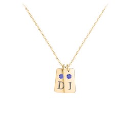Small Initial 2 Tag Necklace with Birthstone in 18K Gold Plated Silver with Blue Sapphire, Cubic Zirconia, Amethyst Premium Zirconia, and Fancy Pink Premium Zirconia