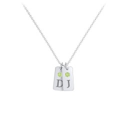 Small Initial 2 Tag Necklace with Birthstone in 925 Sterling Silver with Peridot