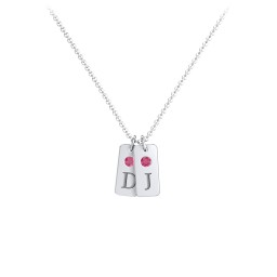 Small Initial 2 Tag Necklace with Birthstone in 925 Sterling Silver with Ruby