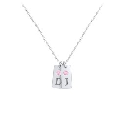 Small Initial 2 Tag Necklace with Birthstone in 925 Sterling Silver with Pink Tourmaline