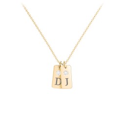 Small Initial 2 Tag Necklace with Birthstone in 10K Solid Yellow Gold with Cubic Zirconia