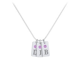 Small Initial 3 Tag Necklace with Birthstone in 925 Sterling Silver with Amethyst