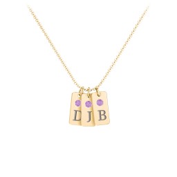 Small Initial 3 Tag Necklace with Birthstone in 18K Gold Plated Silver with Amethyst