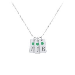Small Initial 3 Tag Necklace with Birthstone in 925 Sterling Silver with Emerald