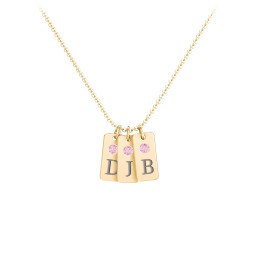 Small Initial 3 Tag Necklace with Birthstone in 18K Gold Plated Silver with Pink Tourmaline