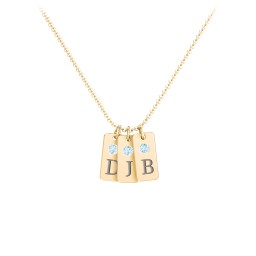 Small Initial 3 Tag Necklace with Birthstone in 18K Gold Plated Silver with Blue Topaz