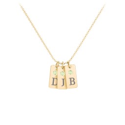 Small Initial 3 Tag Necklace with Birthstone in 18K Gold Plated Silver with Peridot