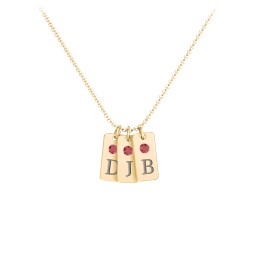Small Initial 3 Tag Necklace with Birthstone in 18K Gold Plated Silver with Garnet
