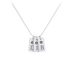 Small Initial 3 Tag Necklace with Birthstone in 925 Sterling Silver with Smokey Quartz