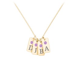 Small Initial 4 Tag Necklace with Birthstone in 18K Gold Plated Silver with Amethyst