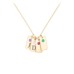 Small Initial 4 Tag Necklace with Birthstone in 18K Gold Plated Silver with Amethyst, Cubic Zirconia, Ruby, Emerald, and Fancy Pink Premium Zirconia
