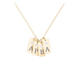 Small Initial 4 Tag Necklace with Birthstone in 18K Gold Plated Silver with Diamond and Fancy Pink Premium Zirconia