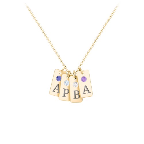 Small Initial 4 Tag Necklace with Birthstone – 18K Gold Plated Silver with Blue Sapphire, Aquamarine, Cubic Zirconia, and Amethyst