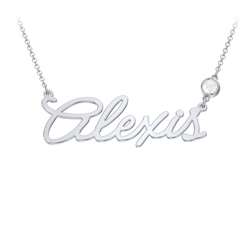 Script Name Necklace with Birthstone – Sterling Silver with Diamond