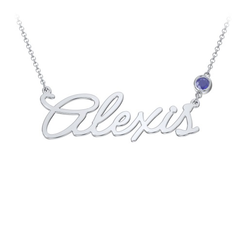 Script Name Necklace with Birthstone – Sterling Silver with Blue Sapphire
