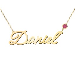 Script Name Necklace with Birthstone in 18K Gold Plated Silver with Ruby