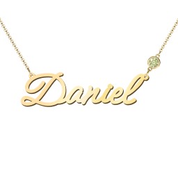 Script Name Necklace with Birthstone in 18K Gold Plated Silver with Peridot