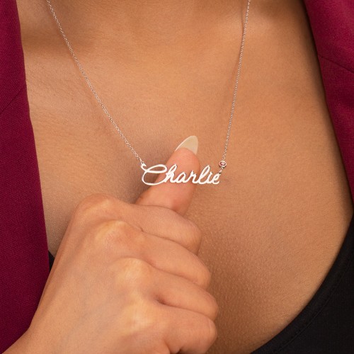 Script Name Necklace with Birthstone – 18K Gold Plated Silver with Ruby