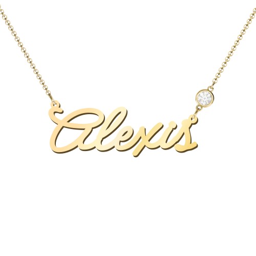 Script Name Necklace with Birthstone – 18K Gold Plated Silver with Diamond
